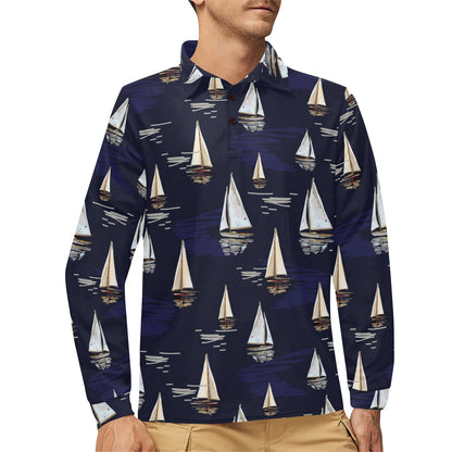 Sailing Ships Pattern Print Design A05 Long Sleeve Polo Shirt For Men's