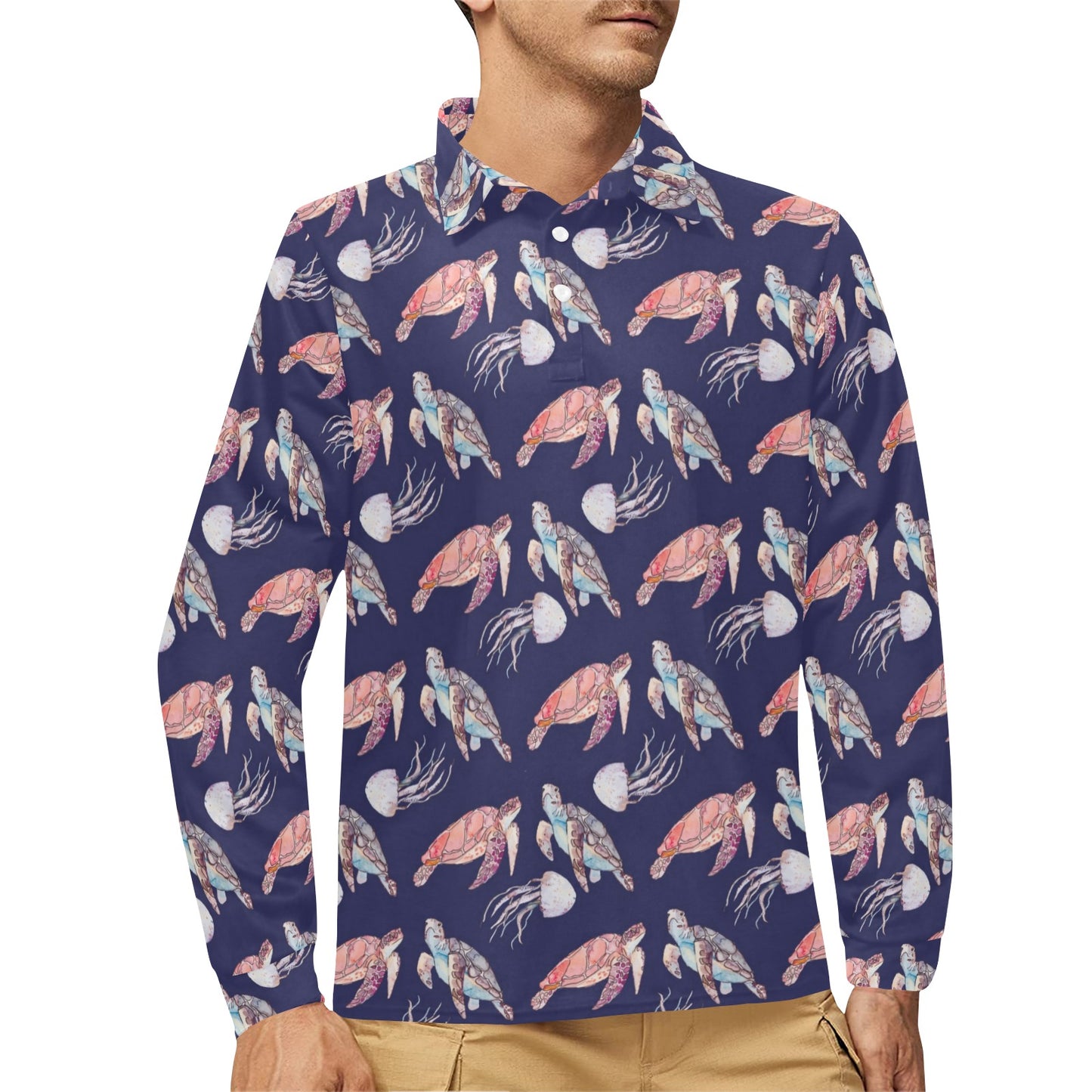 Sea Turtle With Jelly Fish Print Design LKS301 Long Sleeve Polo Shirt For Men's