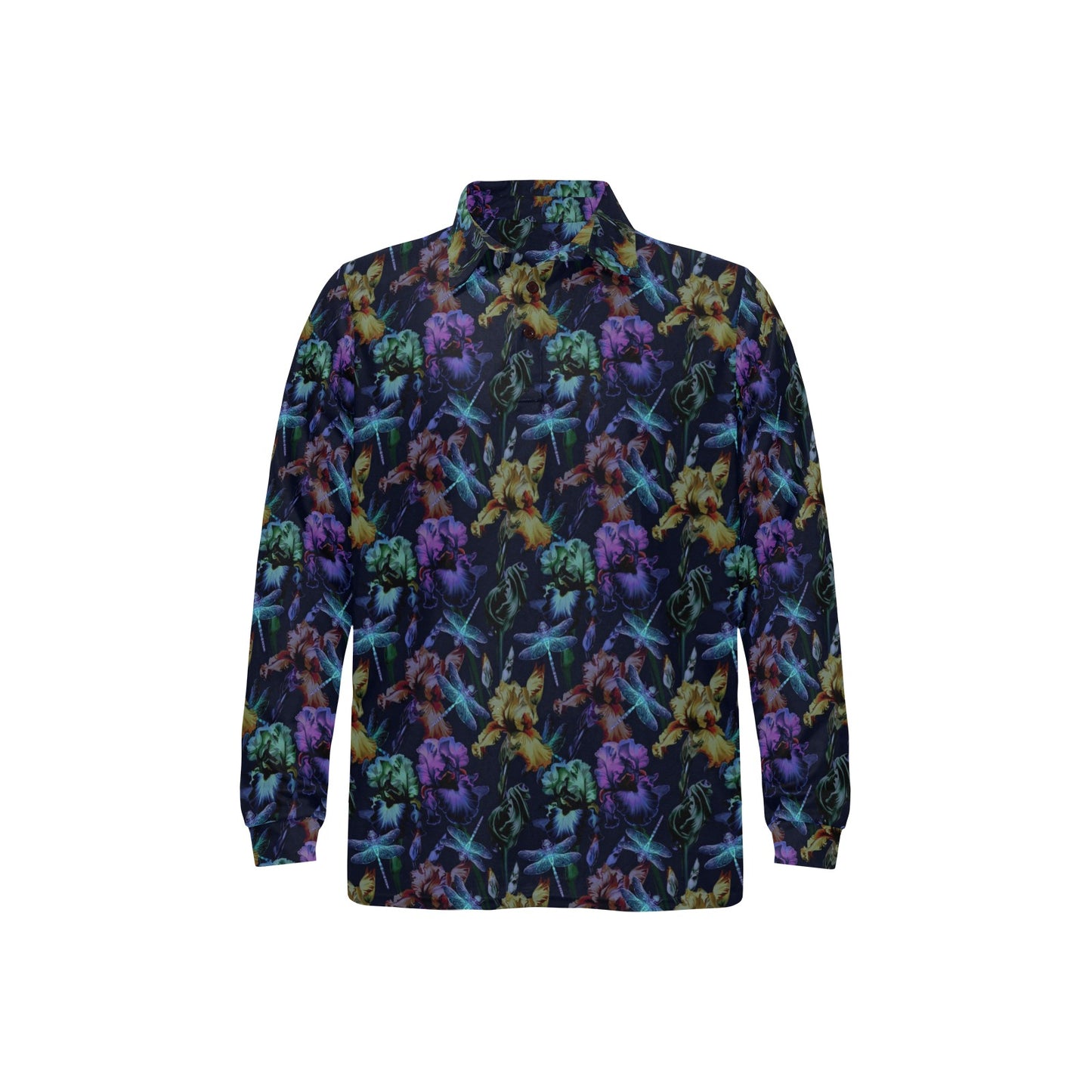 Dragonfly With Floral Print Pattern Long Sleeve Polo Shirt For Men's