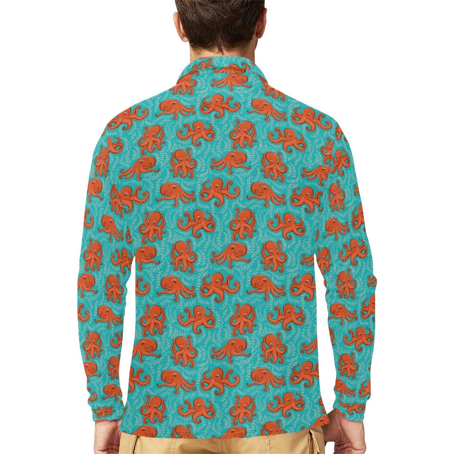Octopus Cartoon Design Print Themed Long Sleeve Polo Shirt For Men's