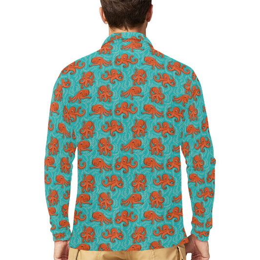 Octopus Cartoon Design Print Themed Long Sleeve Polo Shirt For Men's