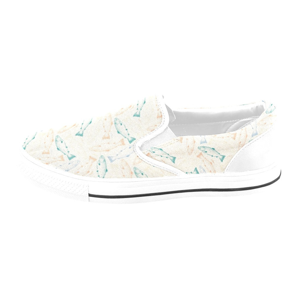 Salmon Fish Print Design LKS305 White Slip Ons Canvas Women's Shoes