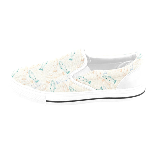 Salmon Fish Print Design LKS305 White Slip Ons Canvas Women's Shoes