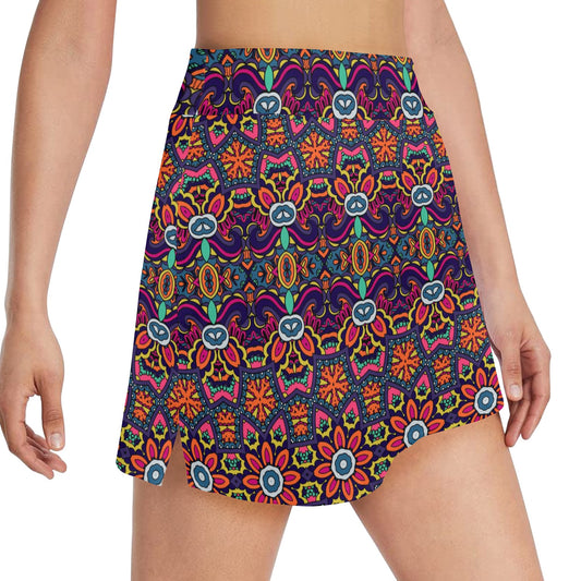Ethnic Flower Style Print Pattern 17" Golf & Pickleball Skort with Pockets