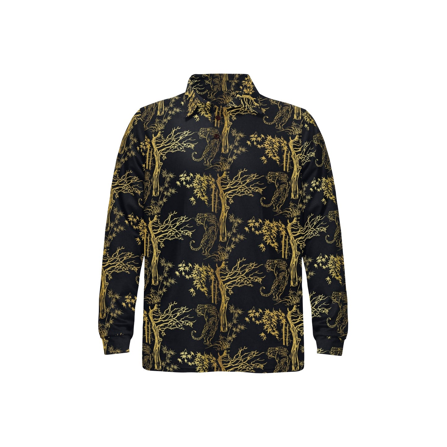 Tiger Gold Print Design LKS307 Long Sleeve Polo Shirt For Men's