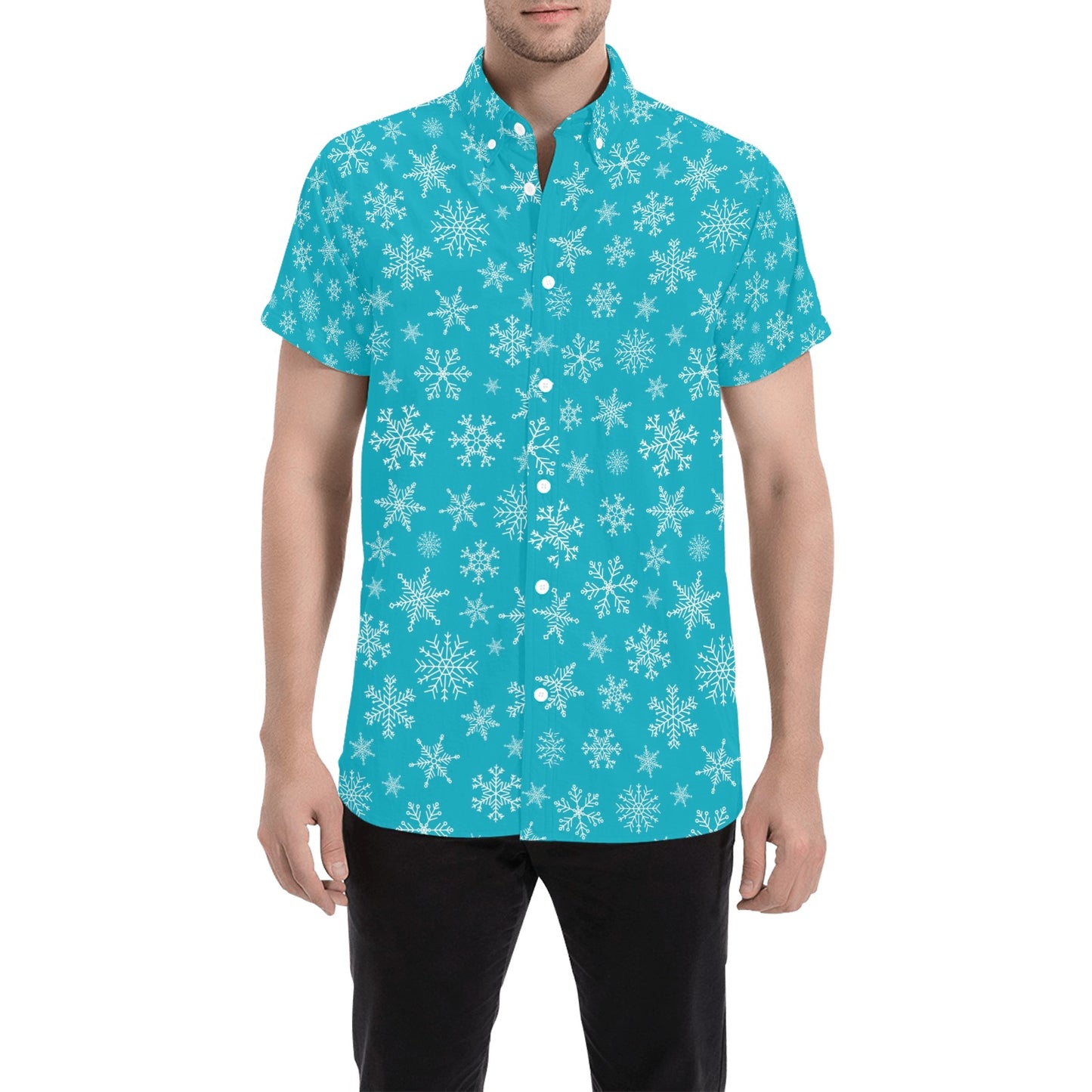 Snowflake Print Design LKS304 Men Short Sleeve Button Up Shirt