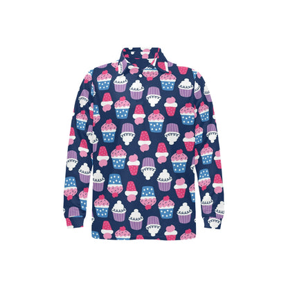 Cupcake Pattern Print Design CP04 Long Sleeve Polo Shirt For Men's