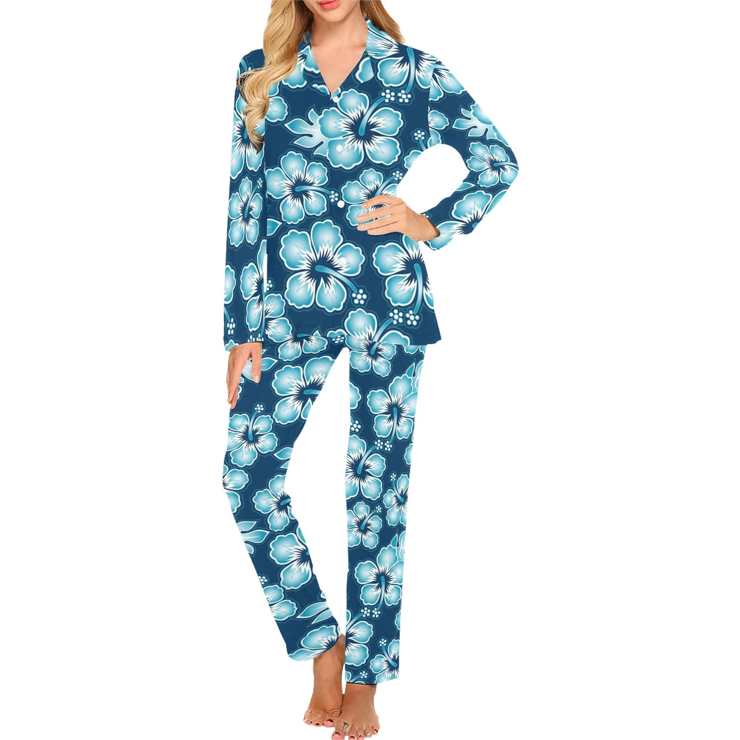 Blue Hibiscus Pattern Print Design HB011 Women's Long Pajama Set