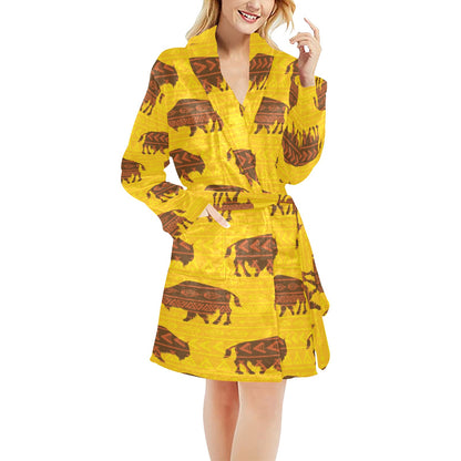 Bison Native Pattern Print Design 01 Women's Fleece Robe
