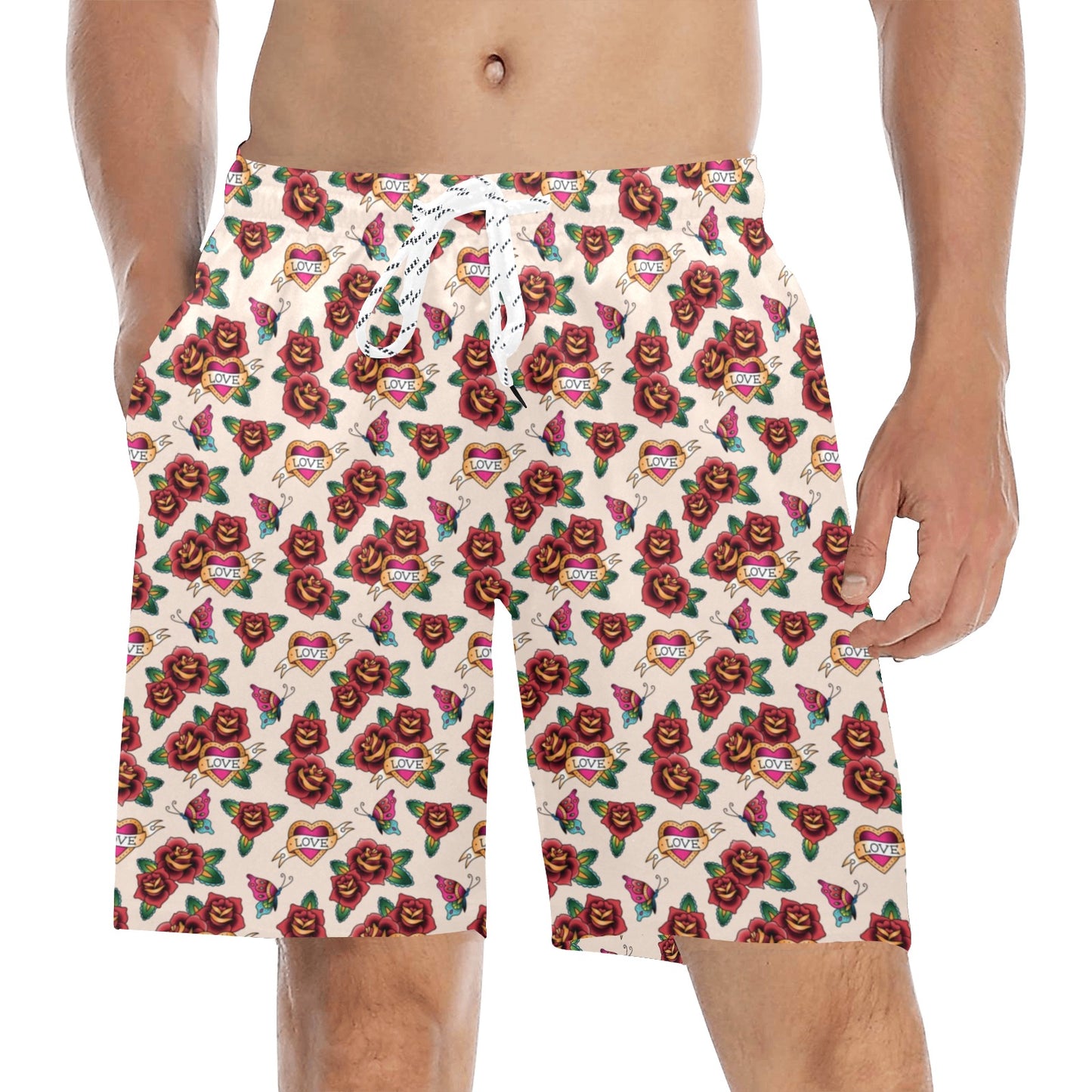 Old School Tattoo Rose Pattern Men's Swim Trunks Beach Shorts