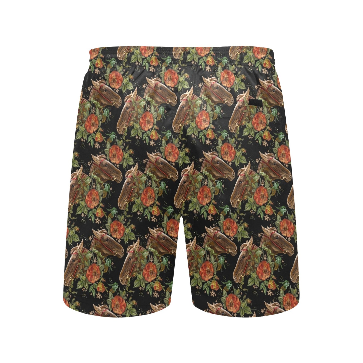 Horse Embroidery with Flower Design Men's Swim Trunks Beach Shorts