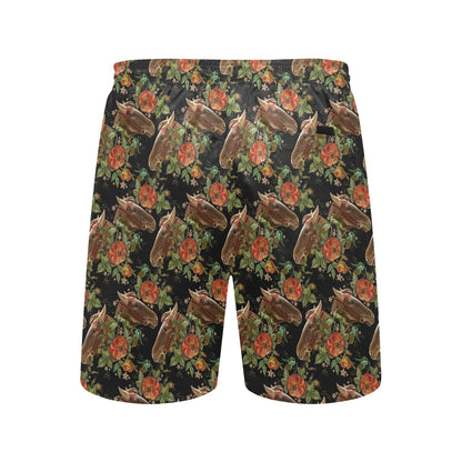 Horse Embroidery with Flower Design Men's Swim Trunks Beach Shorts