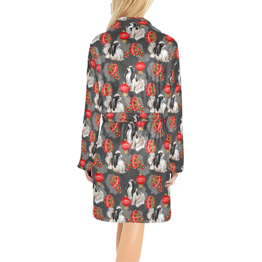 Japanese Chin Pattern Print Design 02 Women's Fleece Robe