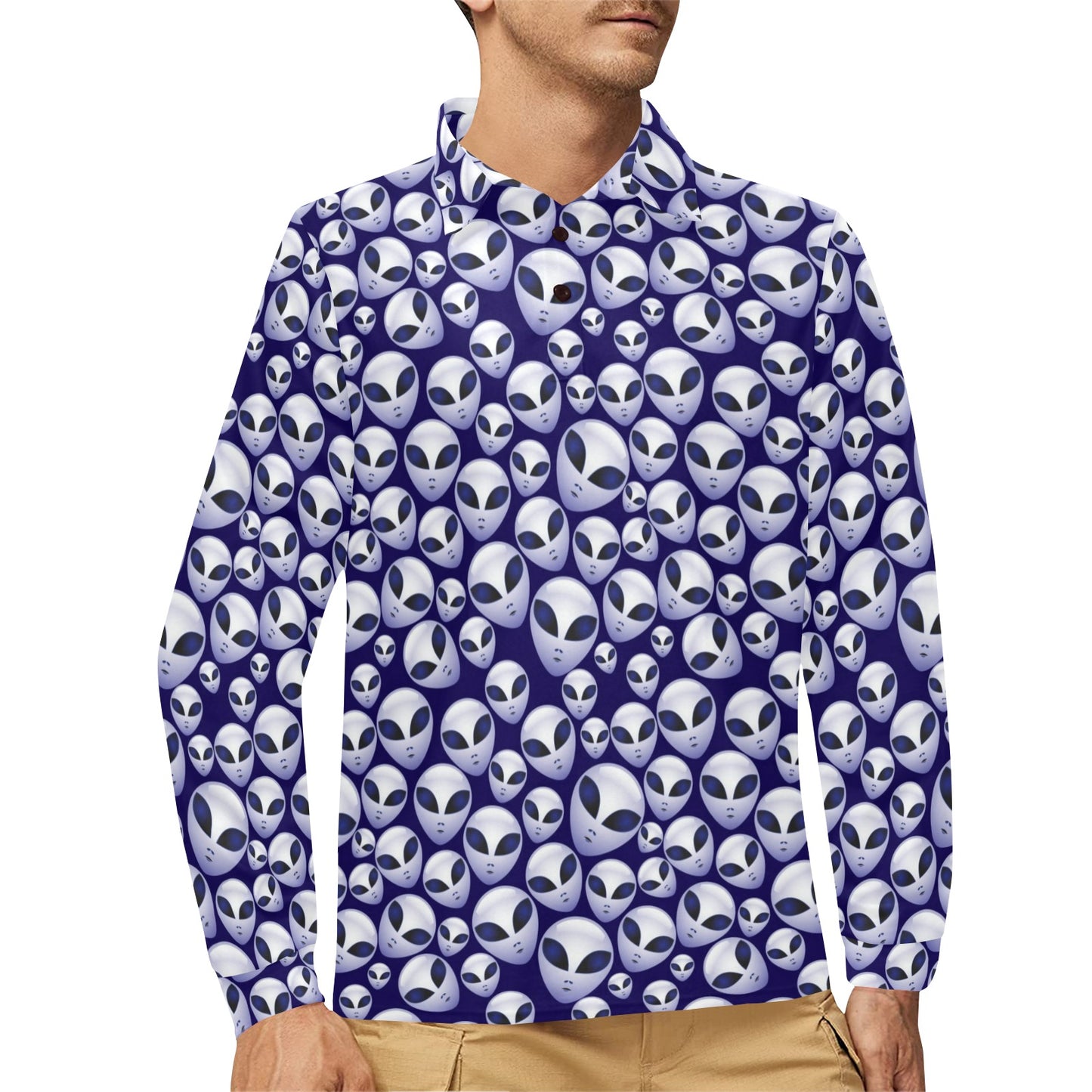 Alien Head Extraterrestrial Long Sleeve Polo Shirt For Men's