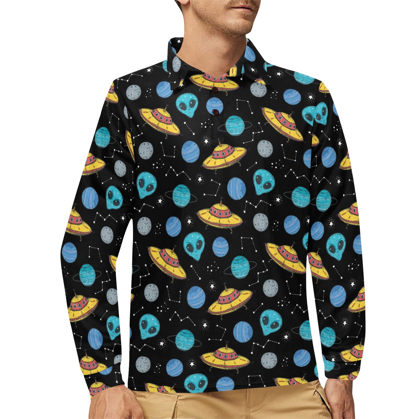 UFO Alien Print Design LKS306 Long Sleeve Polo Shirt For Men's