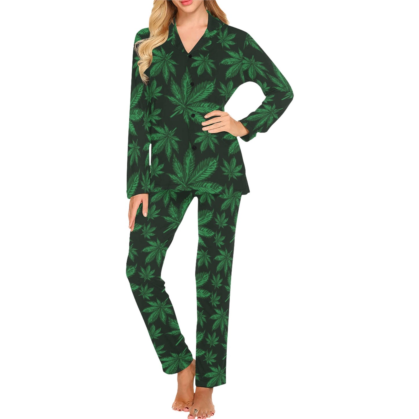 Pot Leaf Pattern Print Design A04 Women's Long Pajama Set