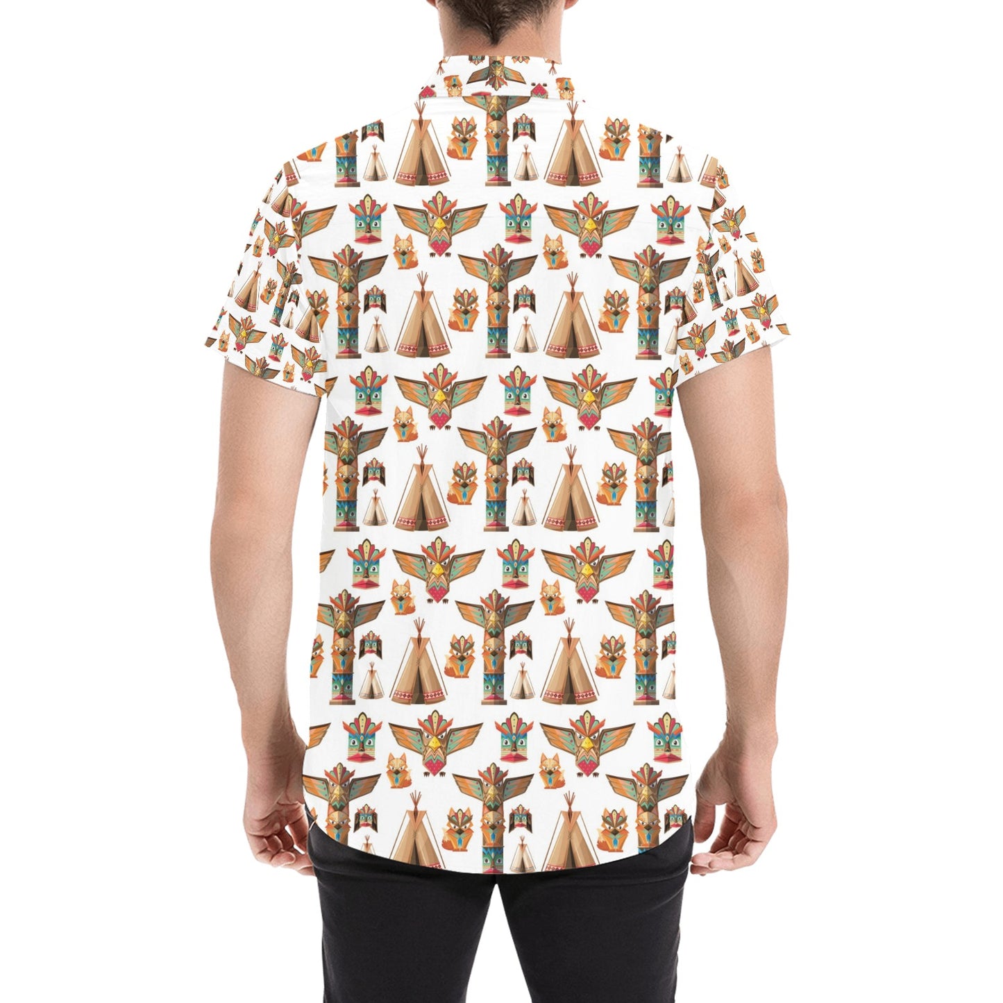 Totem Native Print Design LKS303 Men Short Sleeve Button Up Shirt