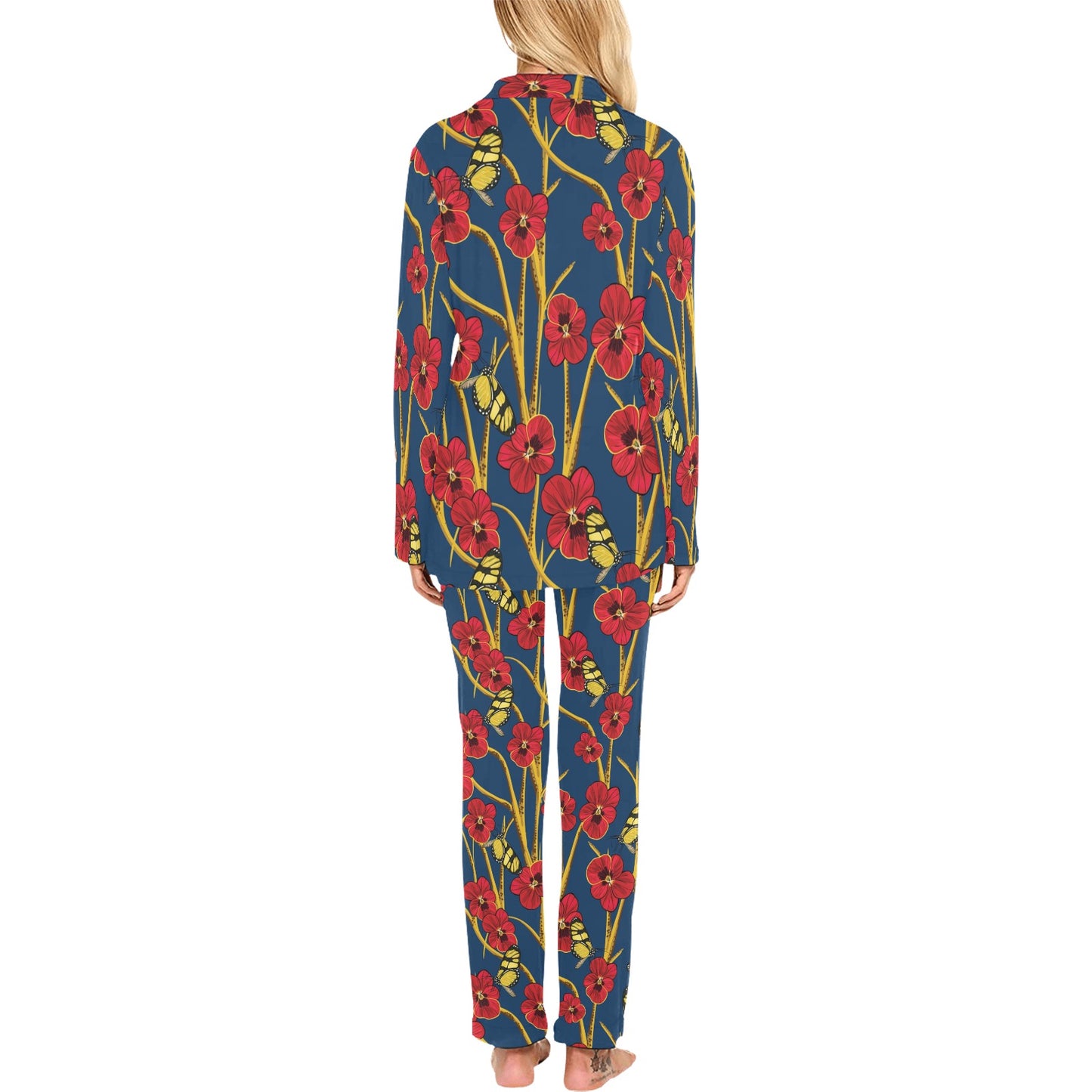 Pansy Pattern Print Design A01 Women's Long Pajama Set