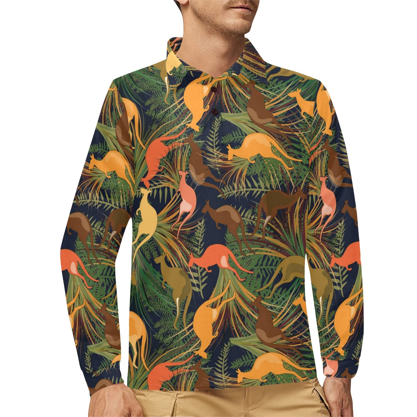 Kangaroos Pattern Print Design 07 Long Sleeve Polo Shirt For Men's