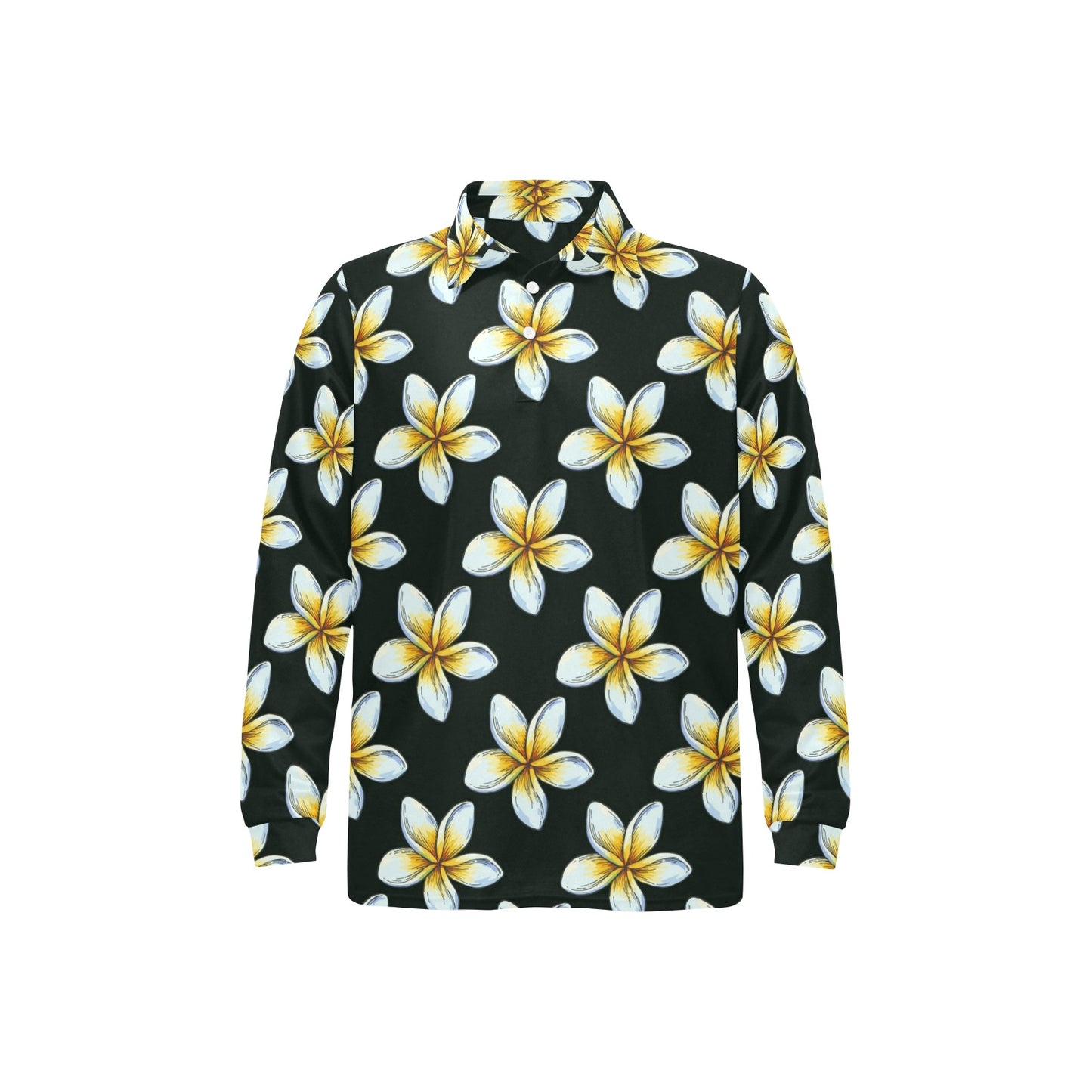 White Plumeria Pattern Print Design PM022 Long Sleeve Polo Shirt For Men's