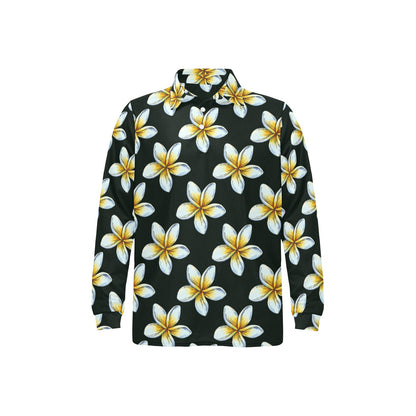 White Plumeria Pattern Print Design PM022 Long Sleeve Polo Shirt For Men's