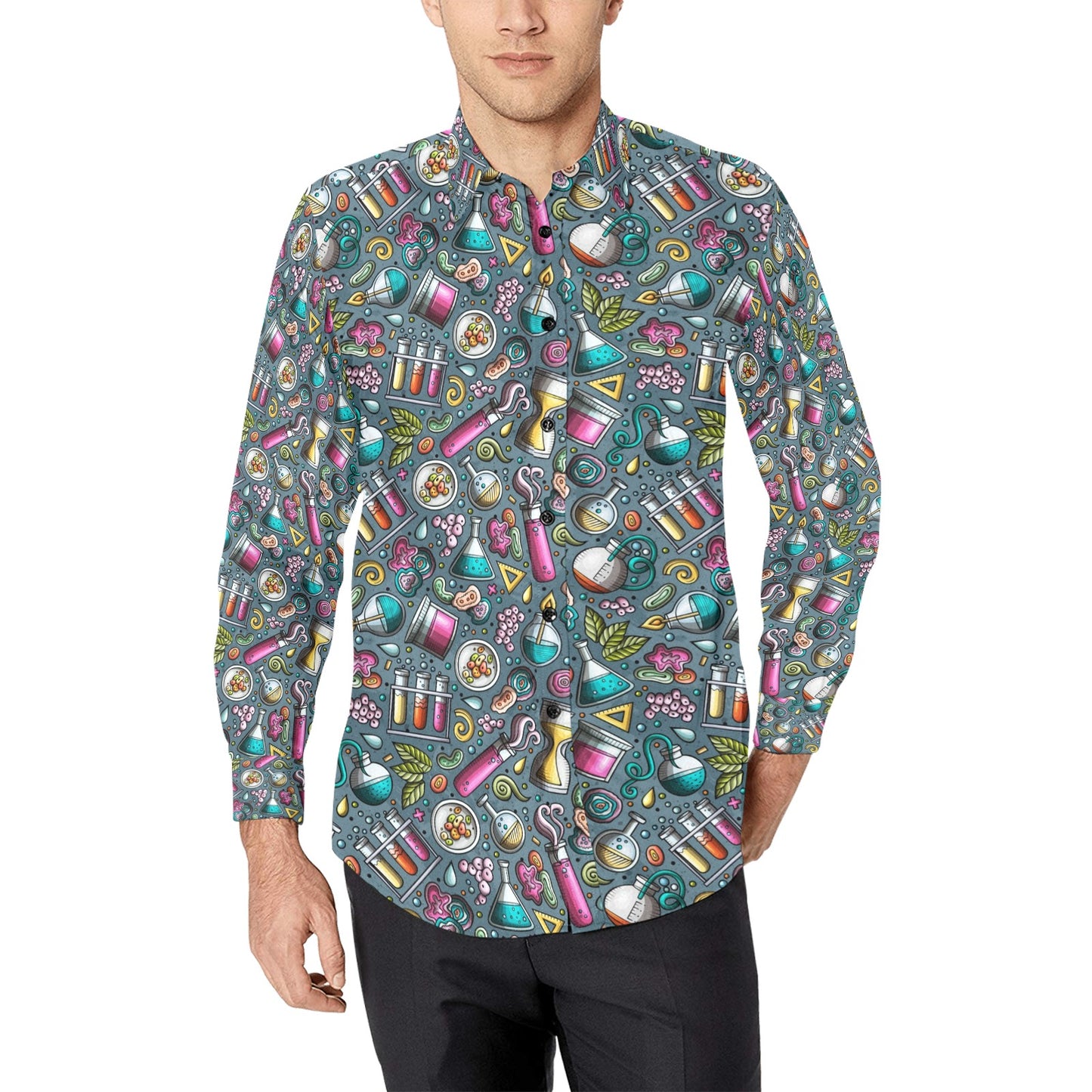 Science Print Design LKS304 Men's Long Sleeve Dress Shirt