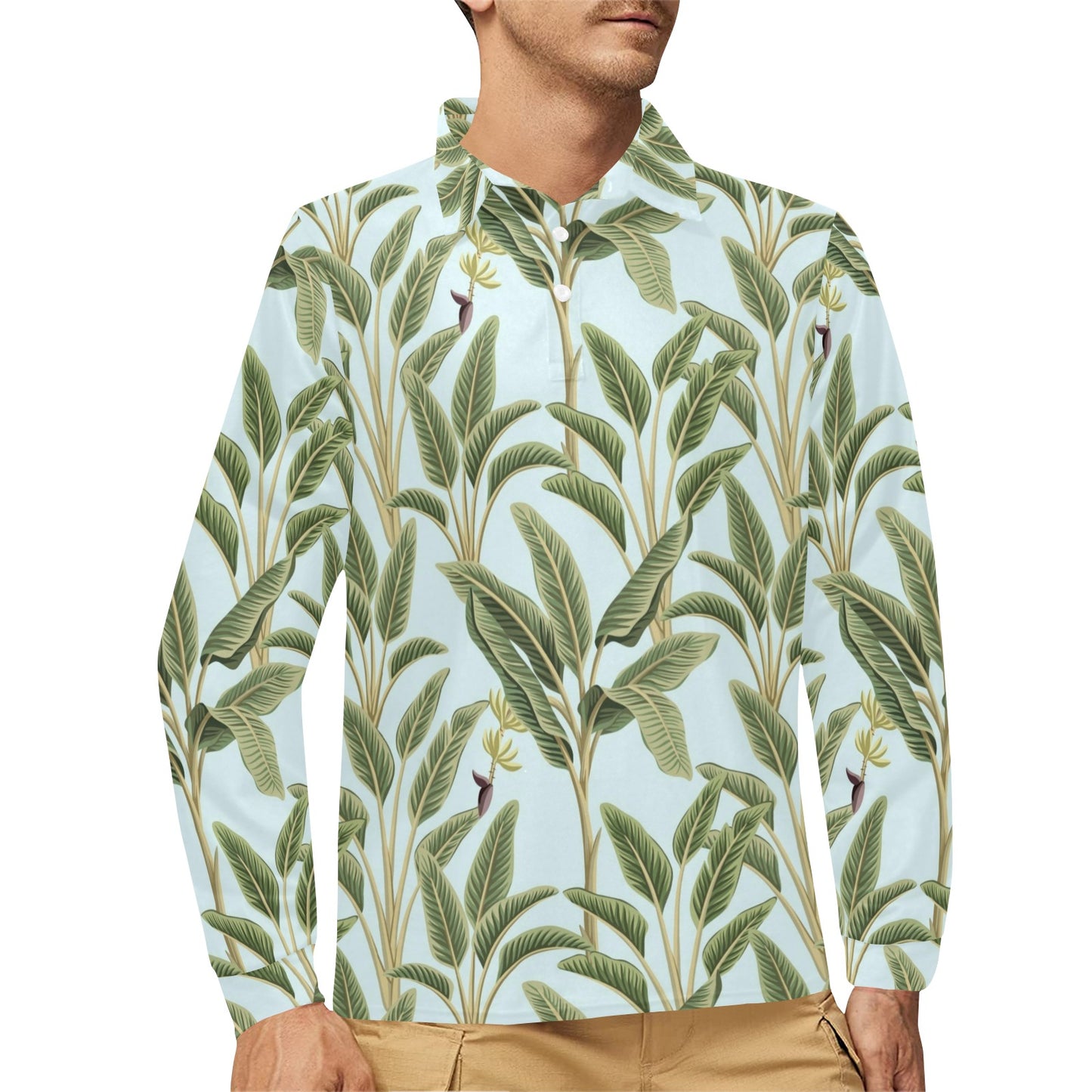 Banana Leaf Pattern Print Design BL03 Long Sleeve Polo Shirt For Men's