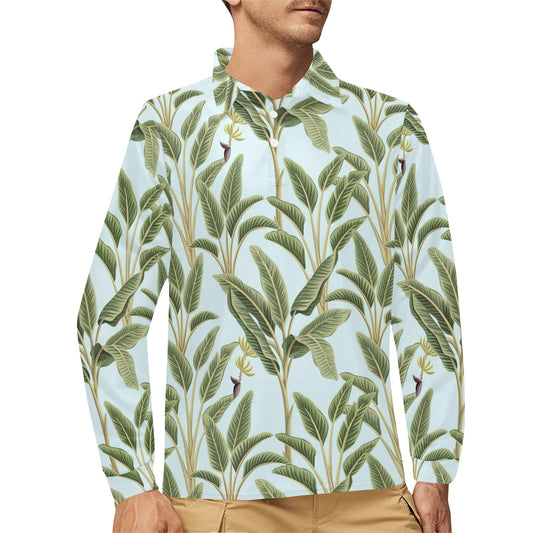 Banana Leaf Pattern Print Design BL03 Long Sleeve Polo Shirt For Men's
