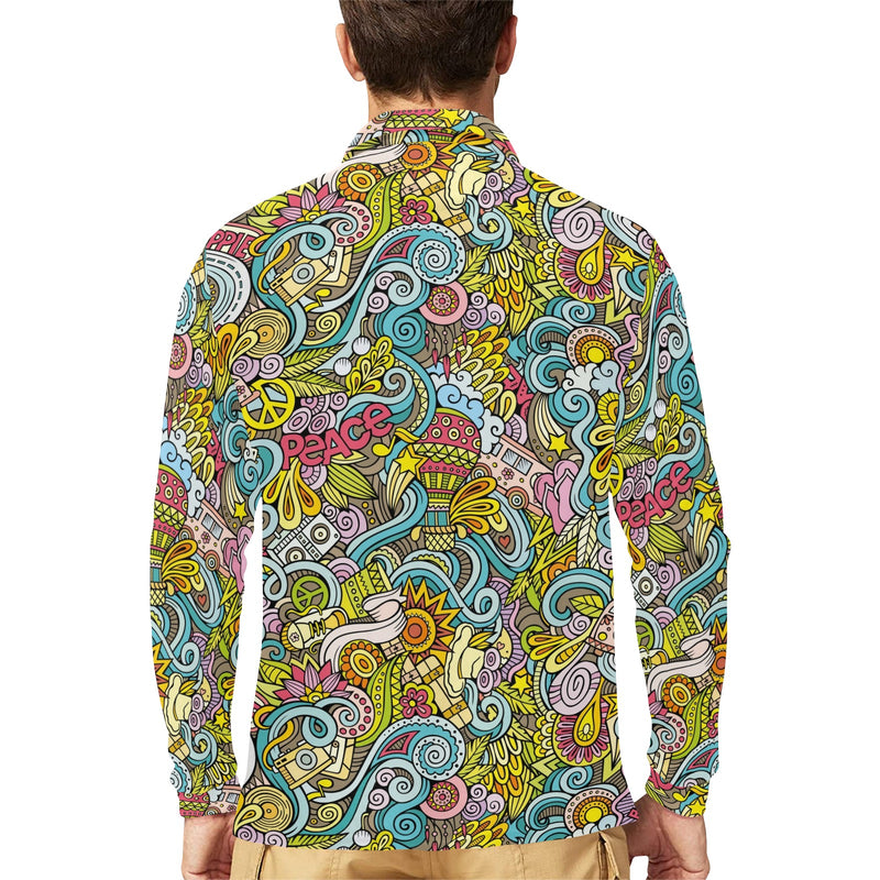 Hippie Print Design LKS301 Long Sleeve Polo Shirt For Men's