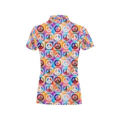 Peace Sign Patchwork Design Print Women's Polo Shirt