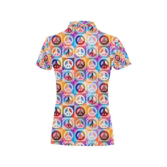 Peace Sign Patchwork Design Print Women's Polo Shirt