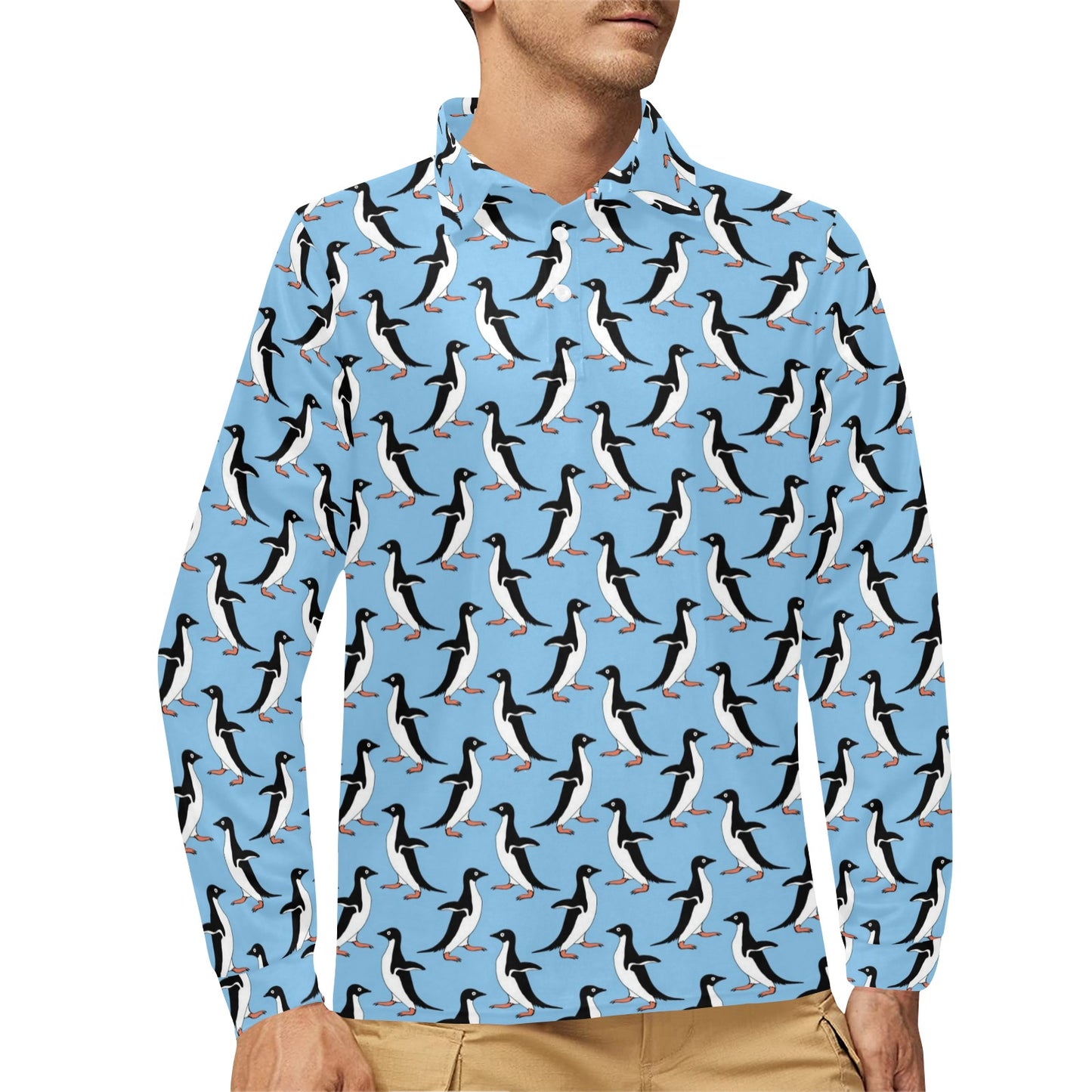 Penguin Dance Pattern Long Sleeve Polo Shirt For Men's