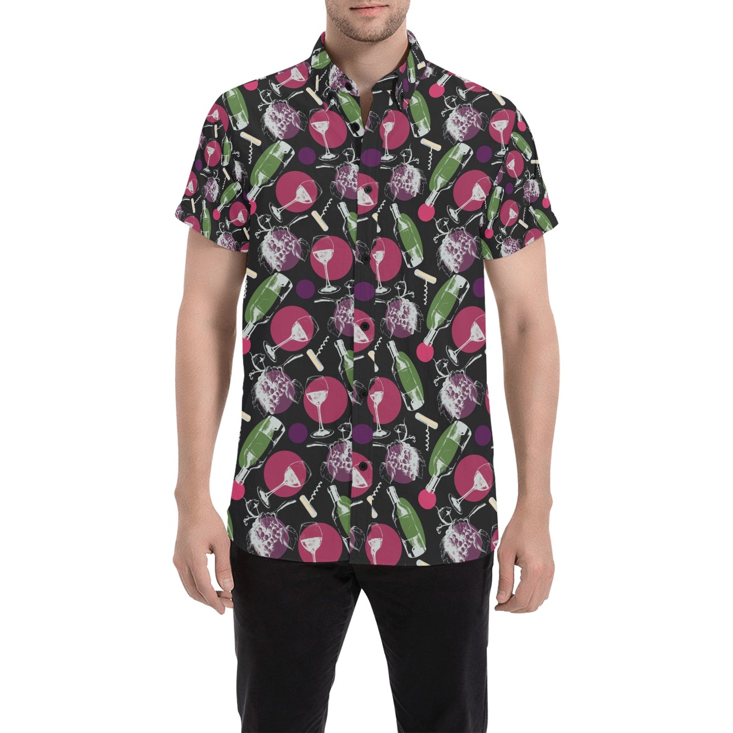 Wine Print Design LKS307 Men Short Sleeve Button Up Shirt