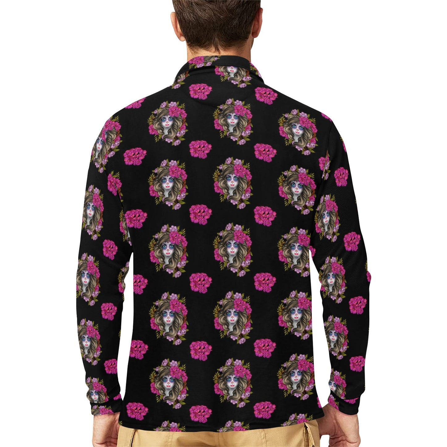 Day of the Dead Makeup Girl Long Sleeve Polo Shirt For Men's