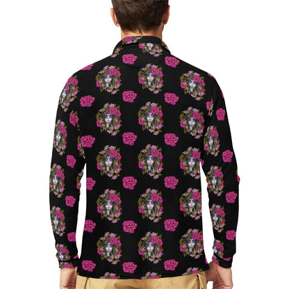 Day of the Dead Makeup Girl Long Sleeve Polo Shirt For Men's