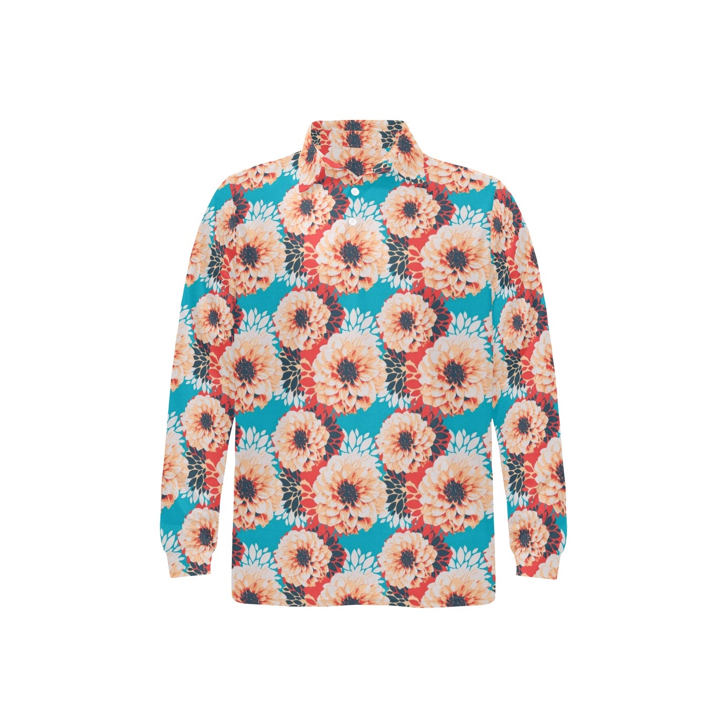 Dahlia Pattern Print Design DH05 Long Sleeve Polo Shirt For Men's