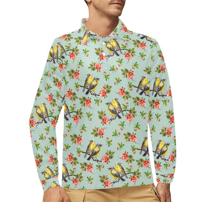Bird with Red Flower Print Pattern Long Sleeve Polo Shirt For Men's