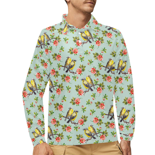 Bird with Red Flower Print Pattern Long Sleeve Polo Shirt For Men's
