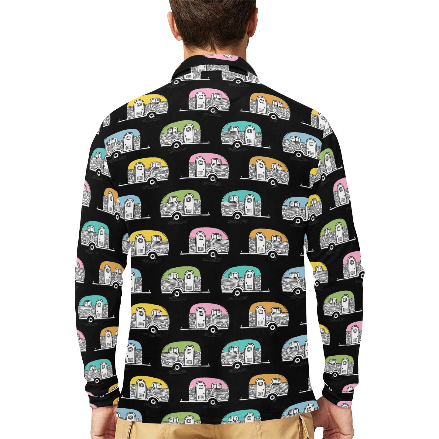 Camper Pattern Camping Themed No 2 Print Long Sleeve Polo Shirt For Men's