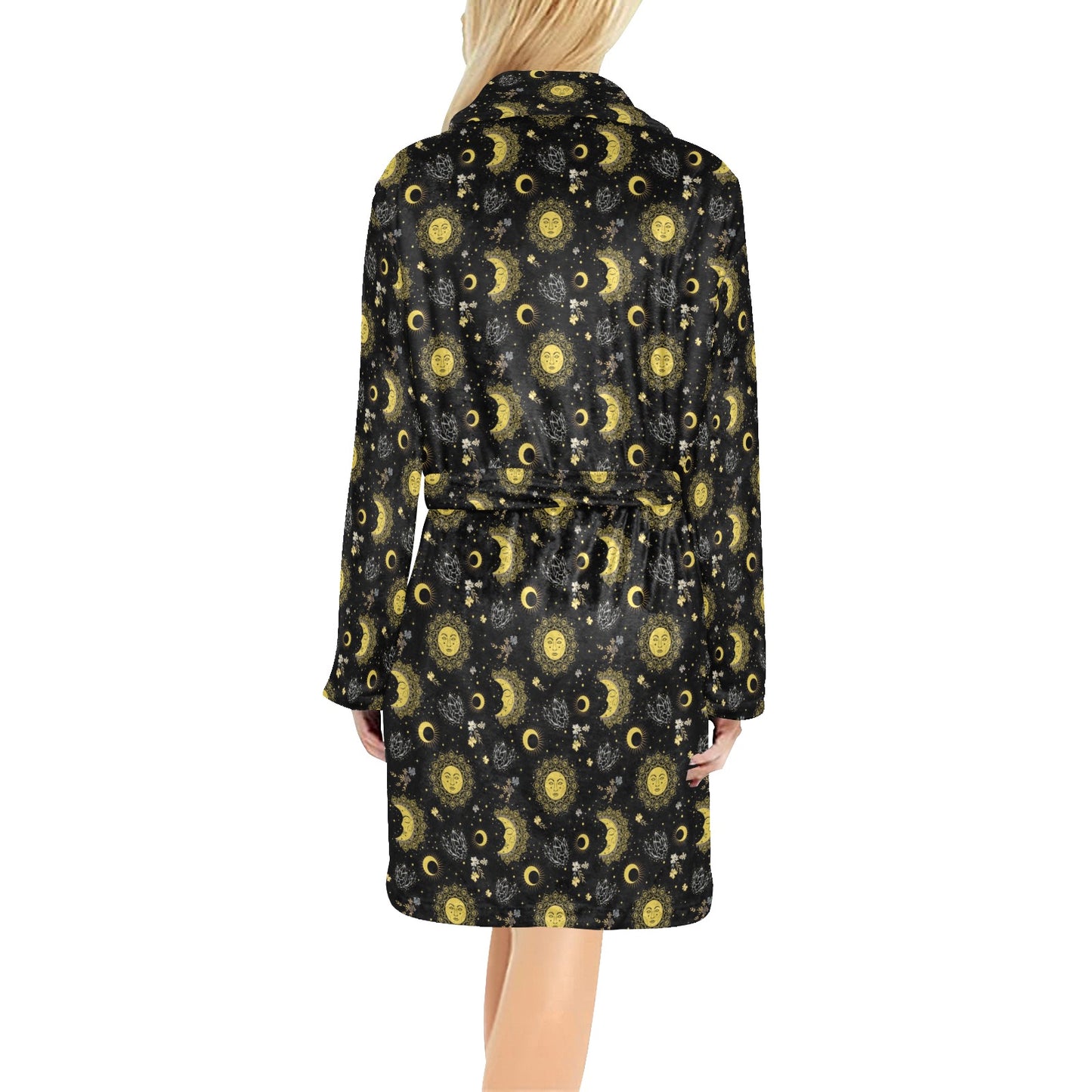 Sun Moon Golden Design Themed Print Women's Fleece Robe