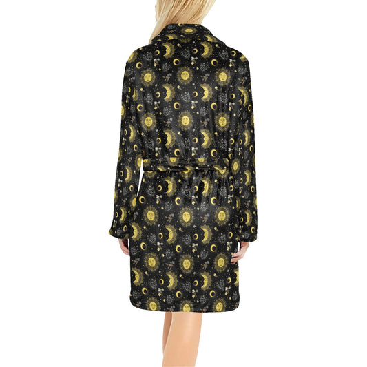 Sun Moon Golden Design Themed Print Women's Fleece Robe