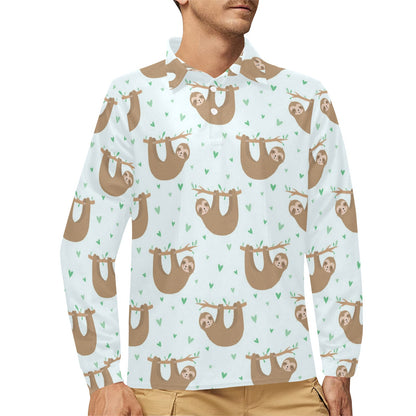 Sloth Print Design LKS308 Long Sleeve Polo Shirt For Men's