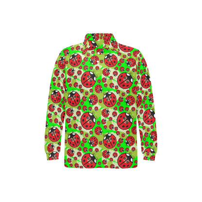 Ladybug with Leaf Print Pattern Long Sleeve Polo Shirt For Men's