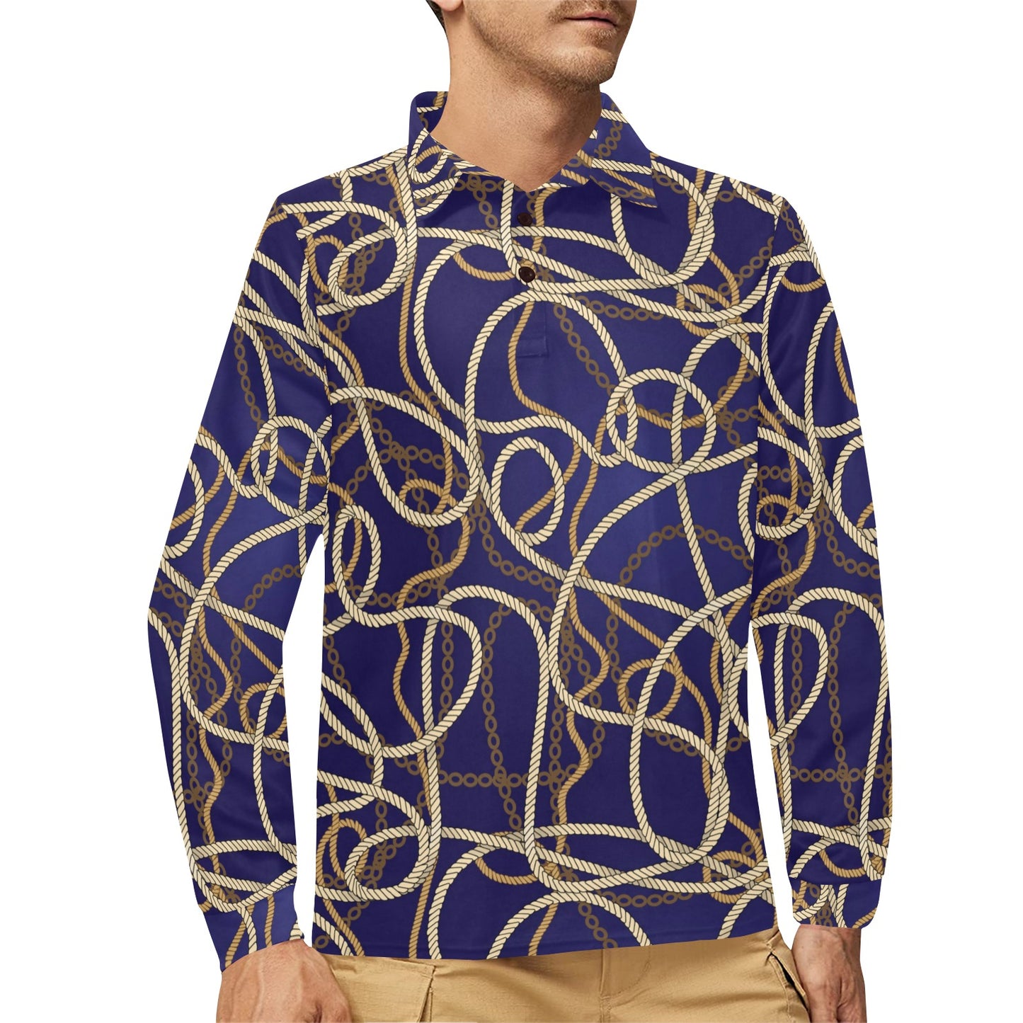 Rope Pattern Print Design A01 Long Sleeve Polo Shirt For Men's