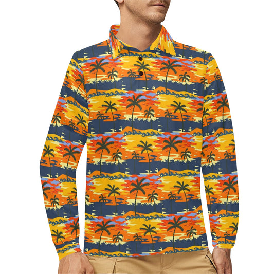 Palm Tree Pattern Print Design PT010 Long Sleeve Polo Shirt For Men's