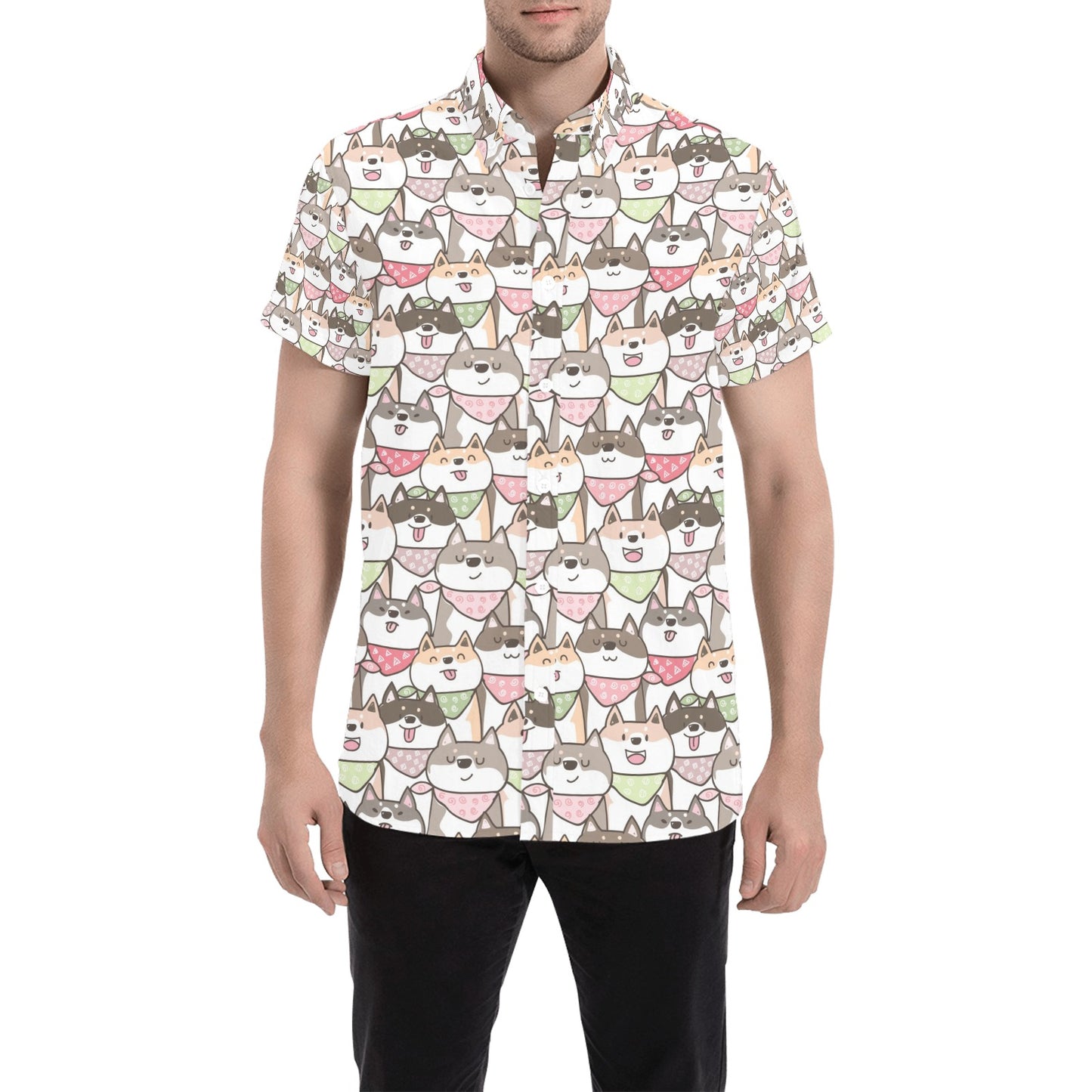 Shiba Inu Print Design LKS305 Men Short Sleeve Button Up Shirt