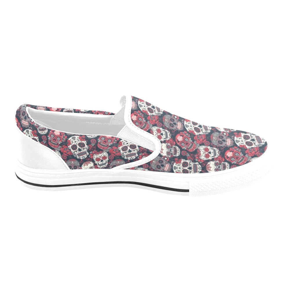 Sugar Skull Print Design LKS303 White Slip Ons Canvas Women's Shoes