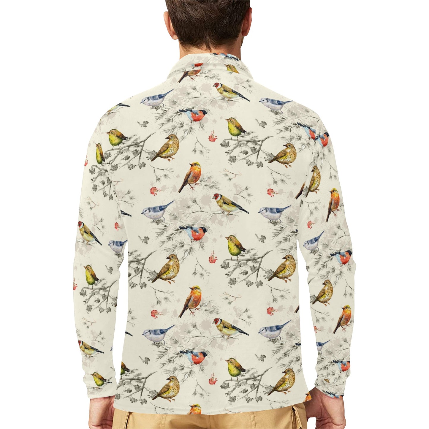 Bird Watercolor Design Pattern Long Sleeve Polo Shirt For Men's