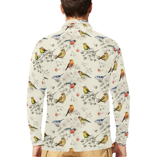 Bird Watercolor Design Pattern Long Sleeve Polo Shirt For Men's