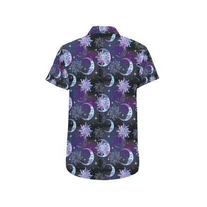 Sun Moon Print Design LKS303 Men Short Sleeve Button Up Shirt